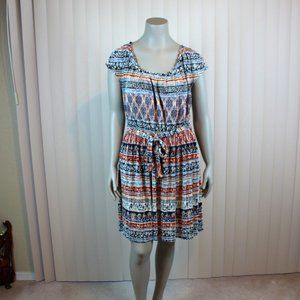 LC Lauren Conrad Plissé Pleat Scoop Neck Abstract Stripe Belted Dress size L